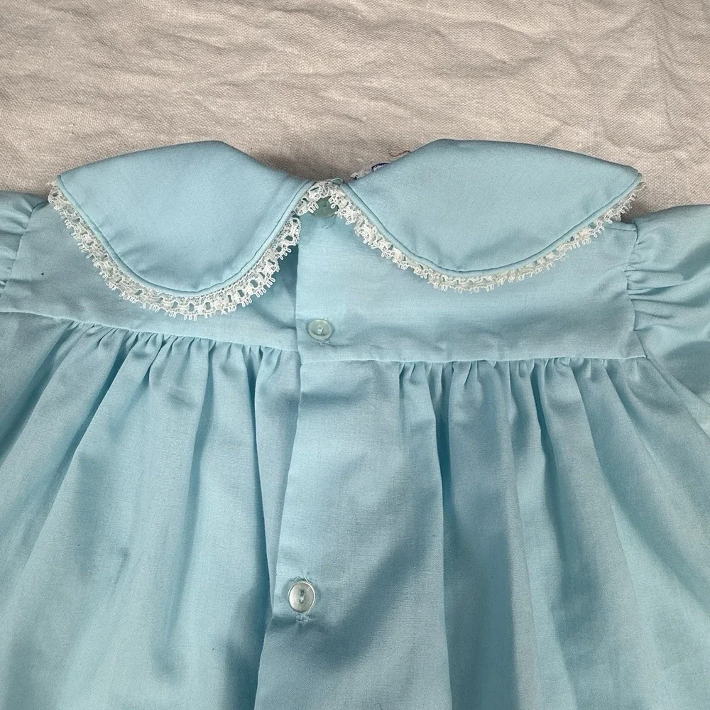 Vintage Baby Dress Girls 9-12M Blue Floral Embroidered Peter Pan Puff Sleeve